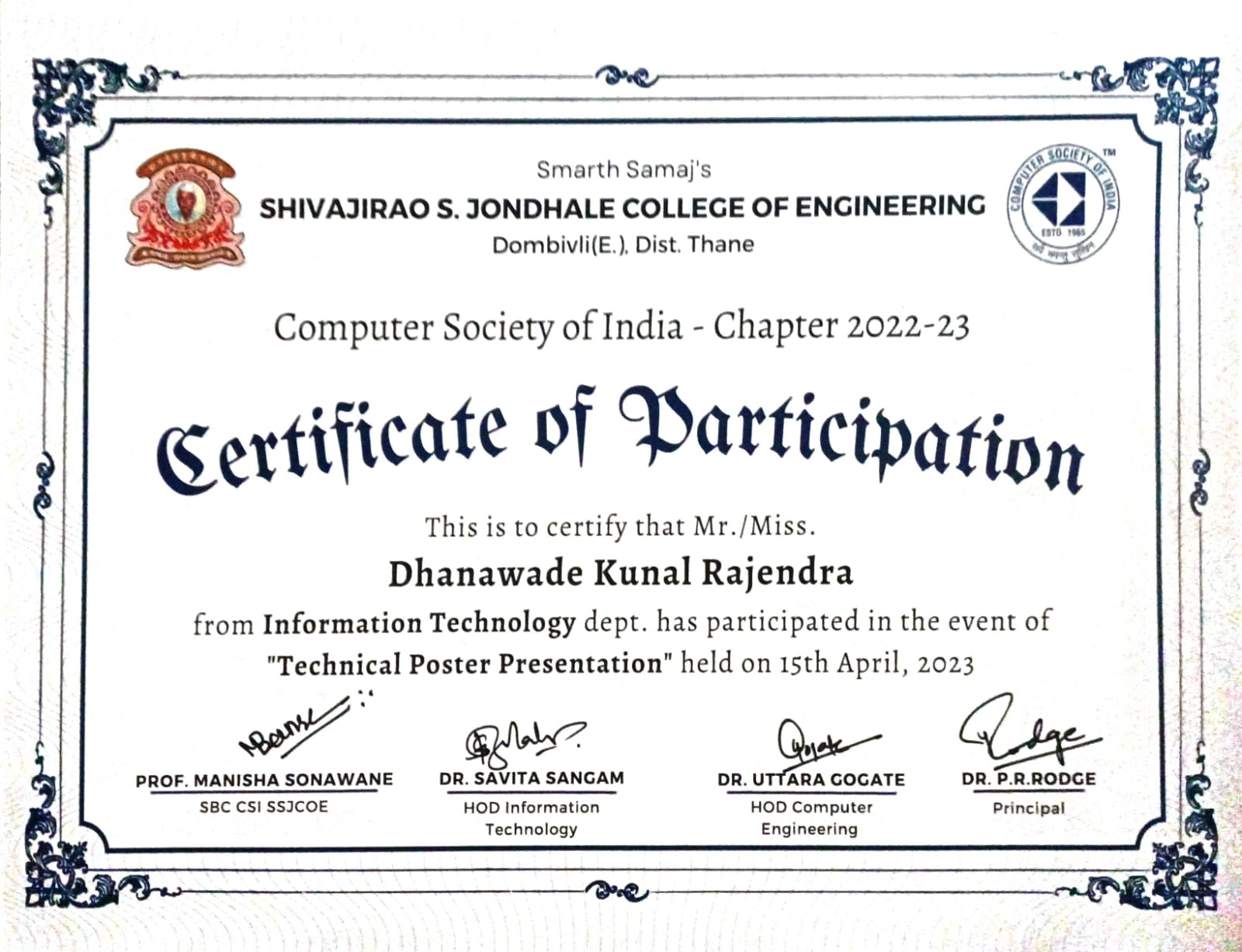 Certificate of Participation in Technical Poster Presentation by CSI